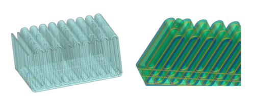 Bild 9: Design Kühlkörper; rechts: Kühlkörper, links: Ausschnitt für ersten AM-Druck